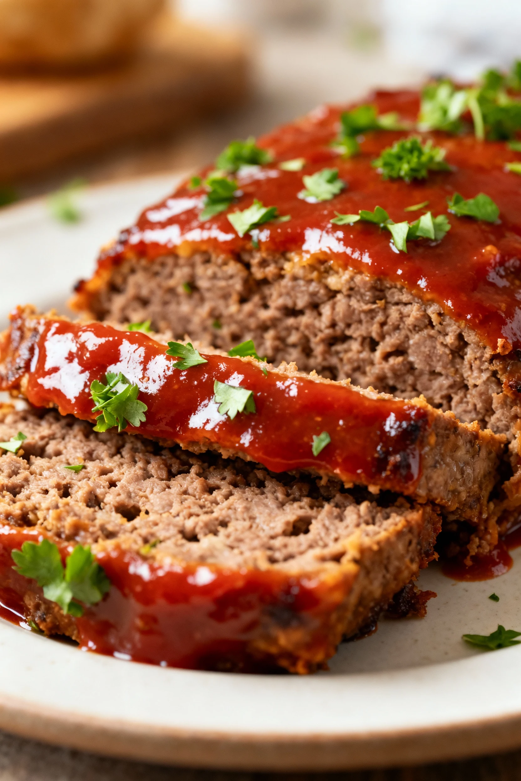 Close-up of a freshly baked meatloaf sliced open to reveal its moist, tender interior with a glistening ketchup glaze, g