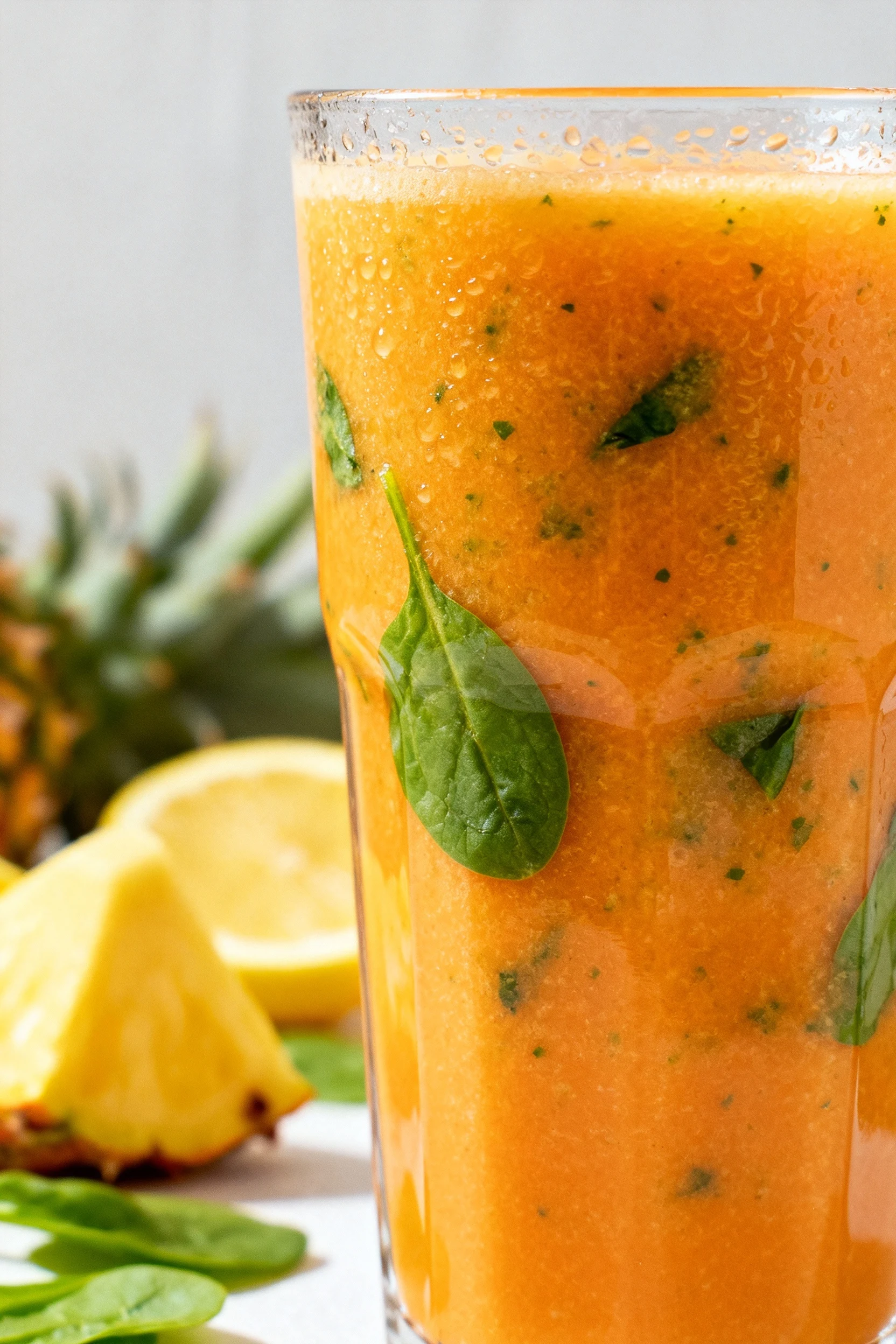 1. Close-up of freshly blended vibrant orange-green juice in a tall chilled glass, condensation forming on the surface, 