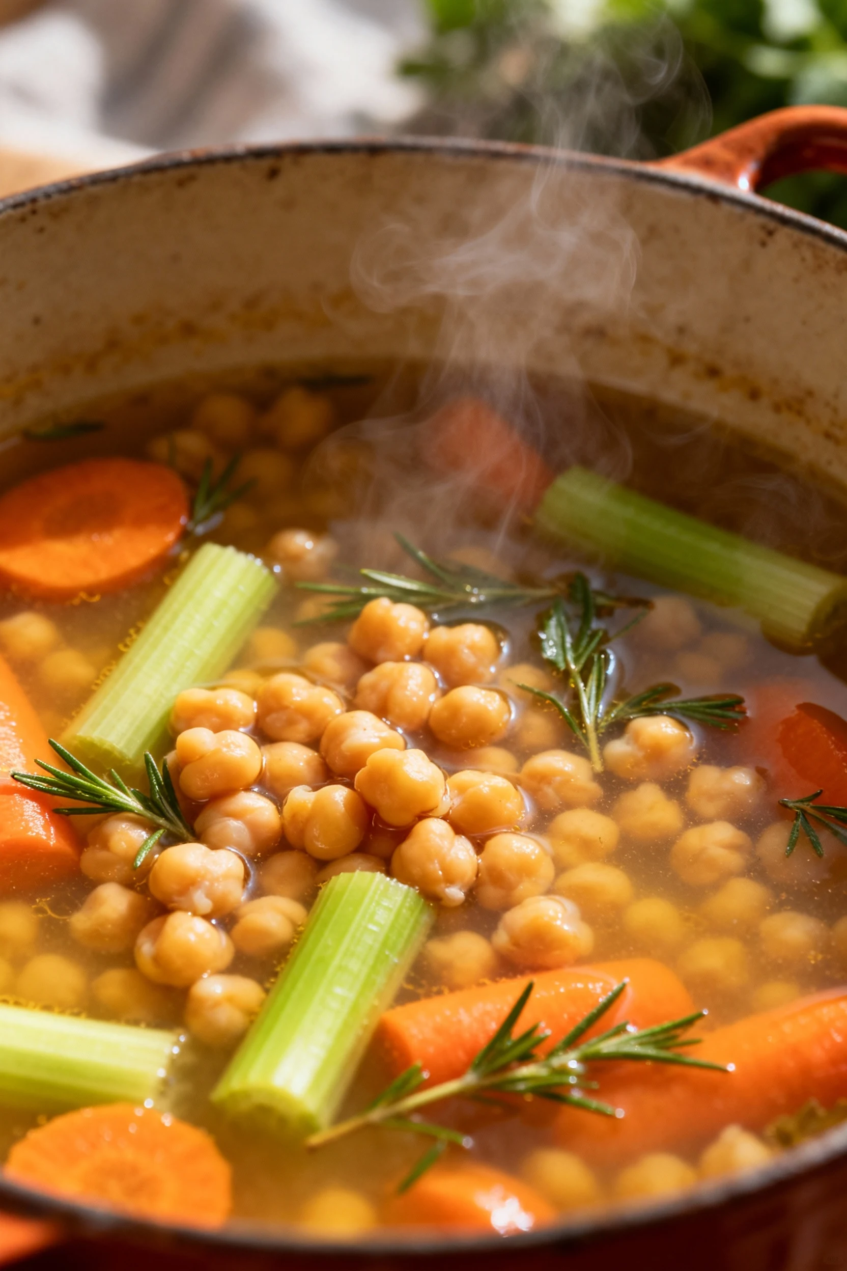 1. Close-up of simmering vegetable broth with tender chickpeas, soft carrots, and celery, herbs floating on the surface,