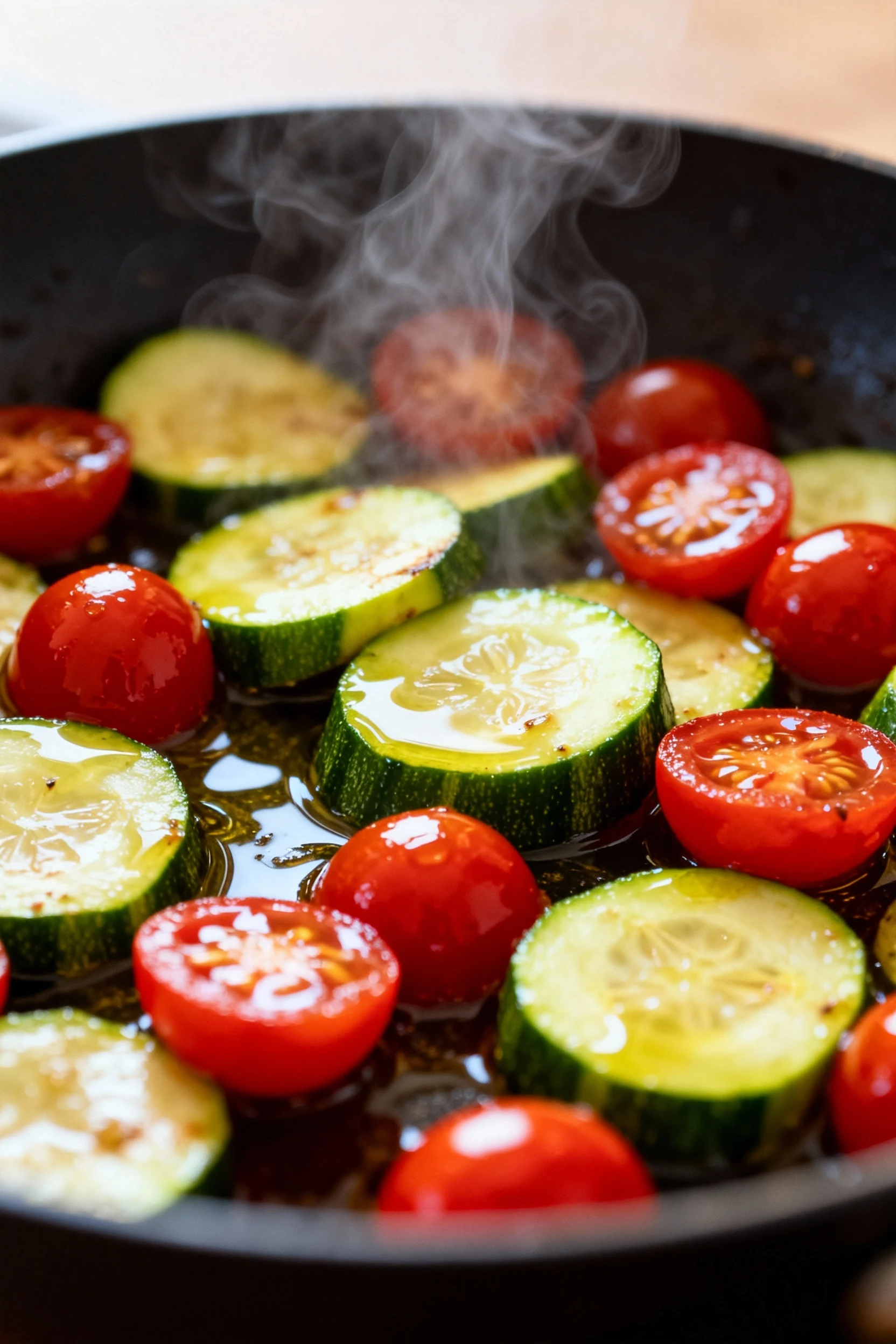 Close-up of sautéed zucchini slices and halved cherry tomatoes glistening in olive oil, vibrant reds and greens, steam r