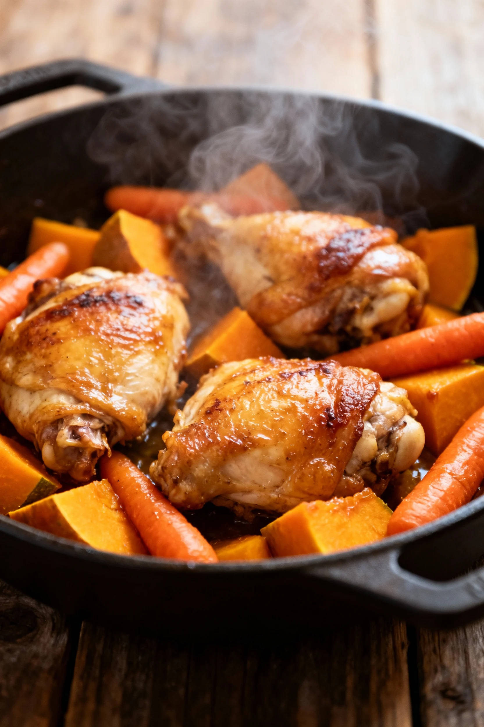 1. Close-up of golden-browned chicken thighs nestled among caramelized butternut squash and carrots, steam rising, rich 