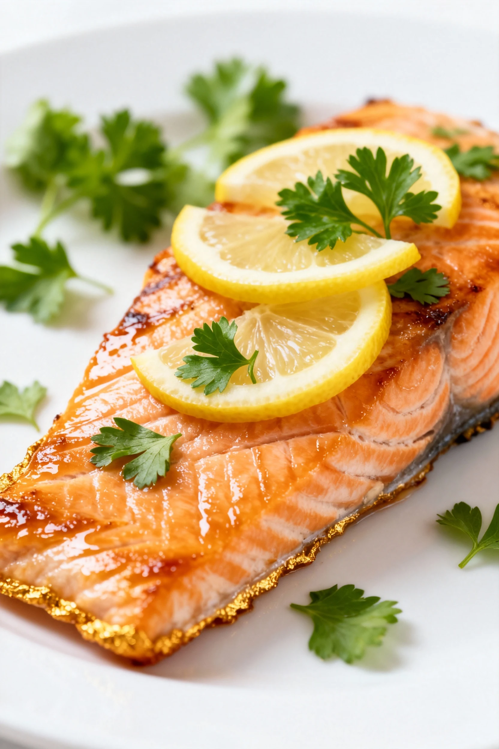 Close-up of baked salmon fillet with glistening flakes and golden edges, topped with thin lemon slices and sprinkled fre