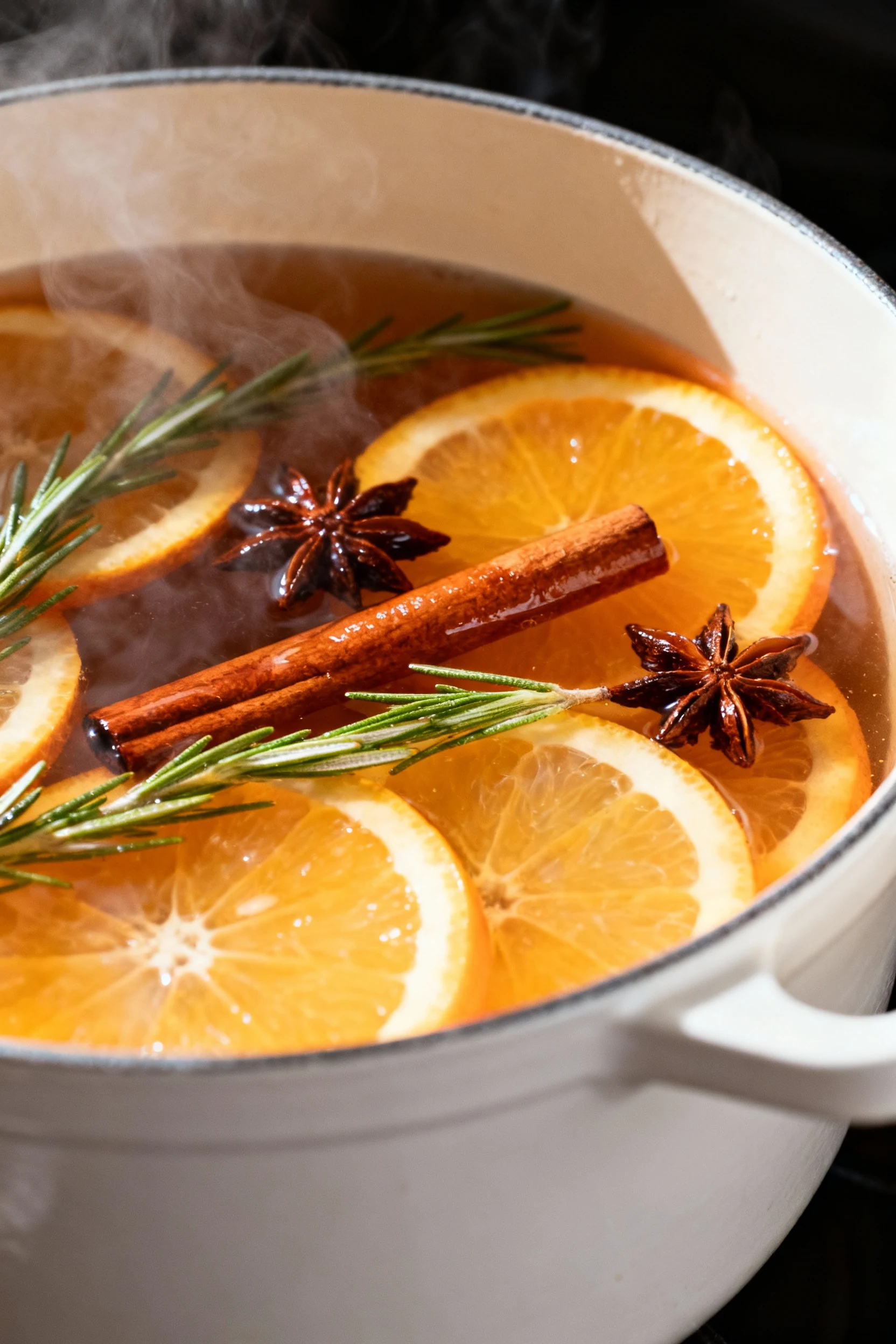 Close-up detail shot of a simmering pot filled with translucent citrus slices, glossy cinnamon sticks, star anise, and s