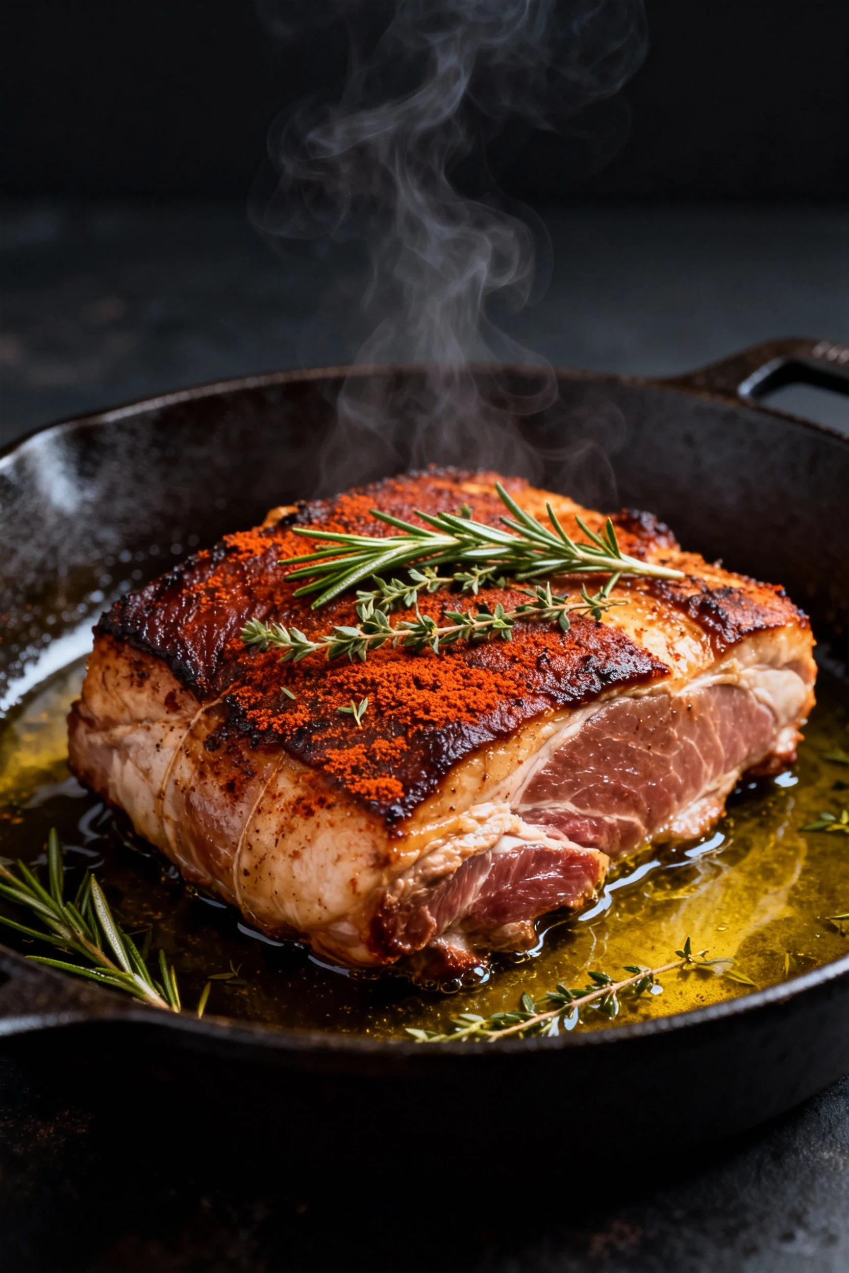 Close-up of seared pork roast in a cast-iron skillet, mahogany crust from smoked paprika, rosemary, and thyme, sizzling 
