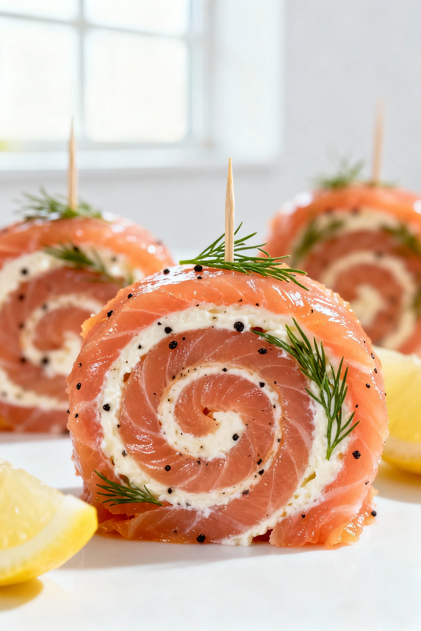 Close-up of smoked salmon pinwheel with cream cheese and dill: tight spiral layers, glossy pink salmon, flecks of black 