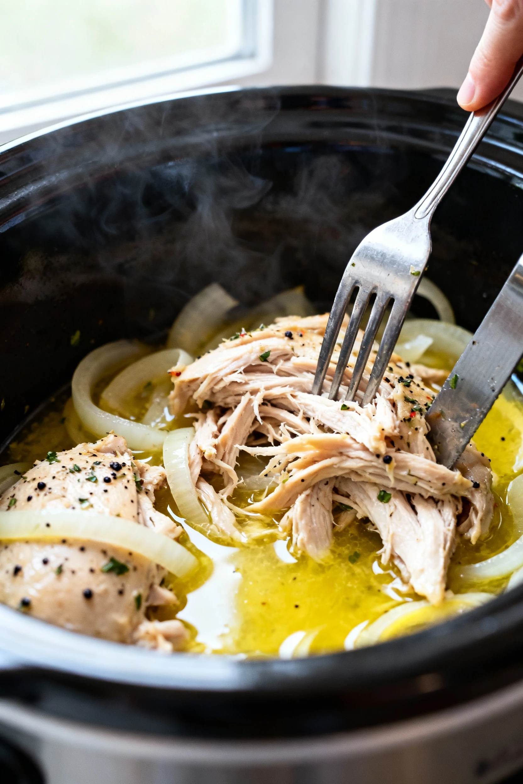 Close-up inside a slow cooker: tender cooked chicken being shredded with two forks over soft onions, flecks of Italian s