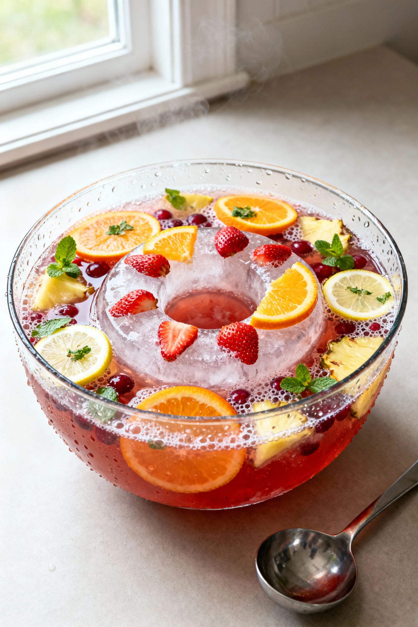 Overhead shot of a clear glass punch bowl filled with pineapple–orange–cranberry punch sparkling with ginger ale, an ice