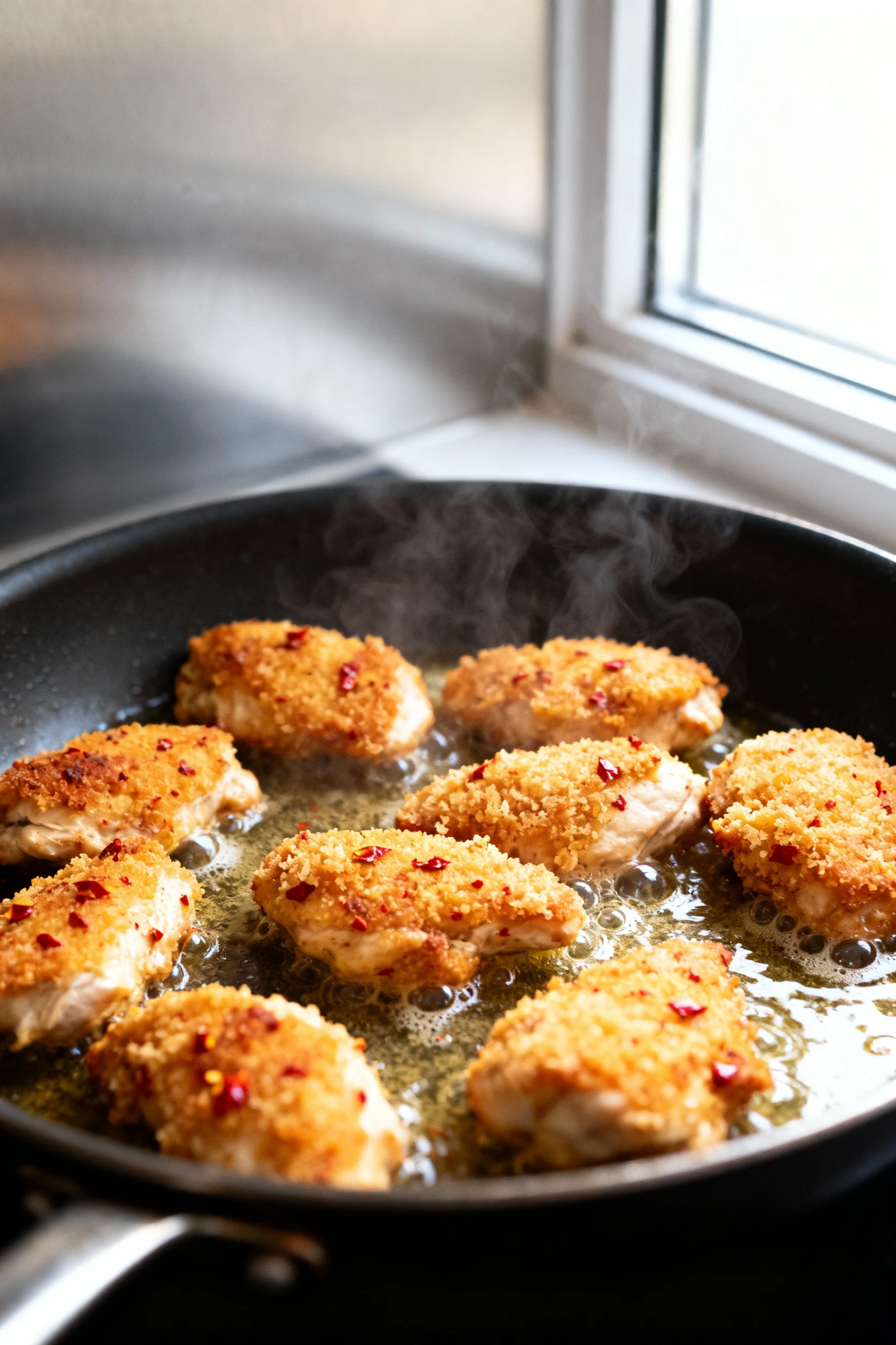 1. Close-up of pan-fried citrus-chili chicken bites sizzling in a skillet, deep golden panko–cornstarch crust with papri