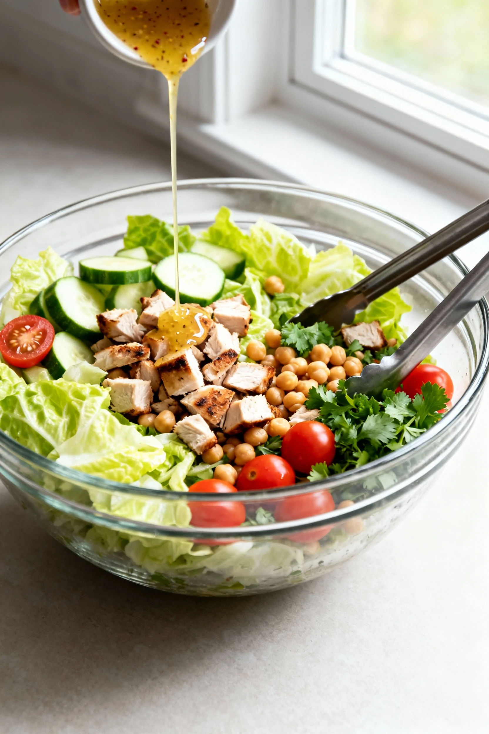 Cooking process: Overhead shot of a large glass bowl of chopped romaine, cucumber, cherry tomatoes, chickpeas, parsley, 