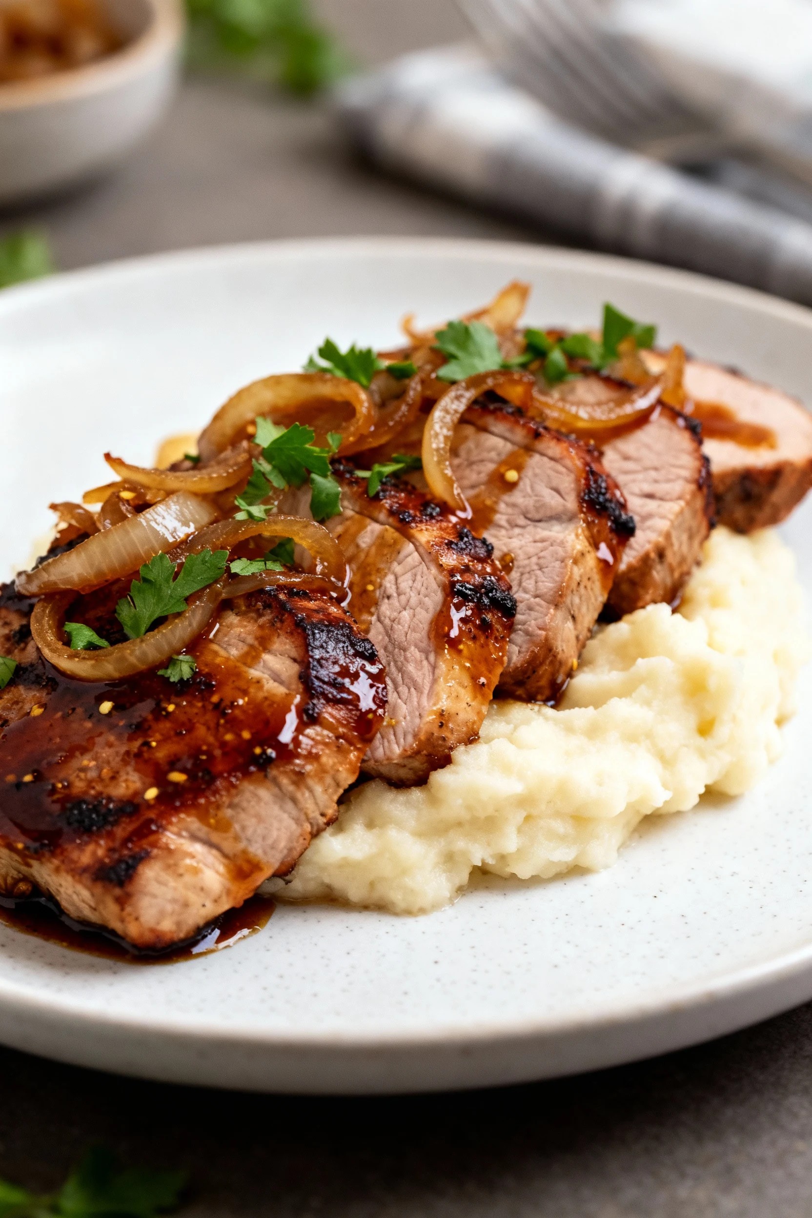 3/4 angle plated sliced pork tenderloin with glossy soy–Dijon–brown sugar glaze, caramelized onions, chopped parsley, on