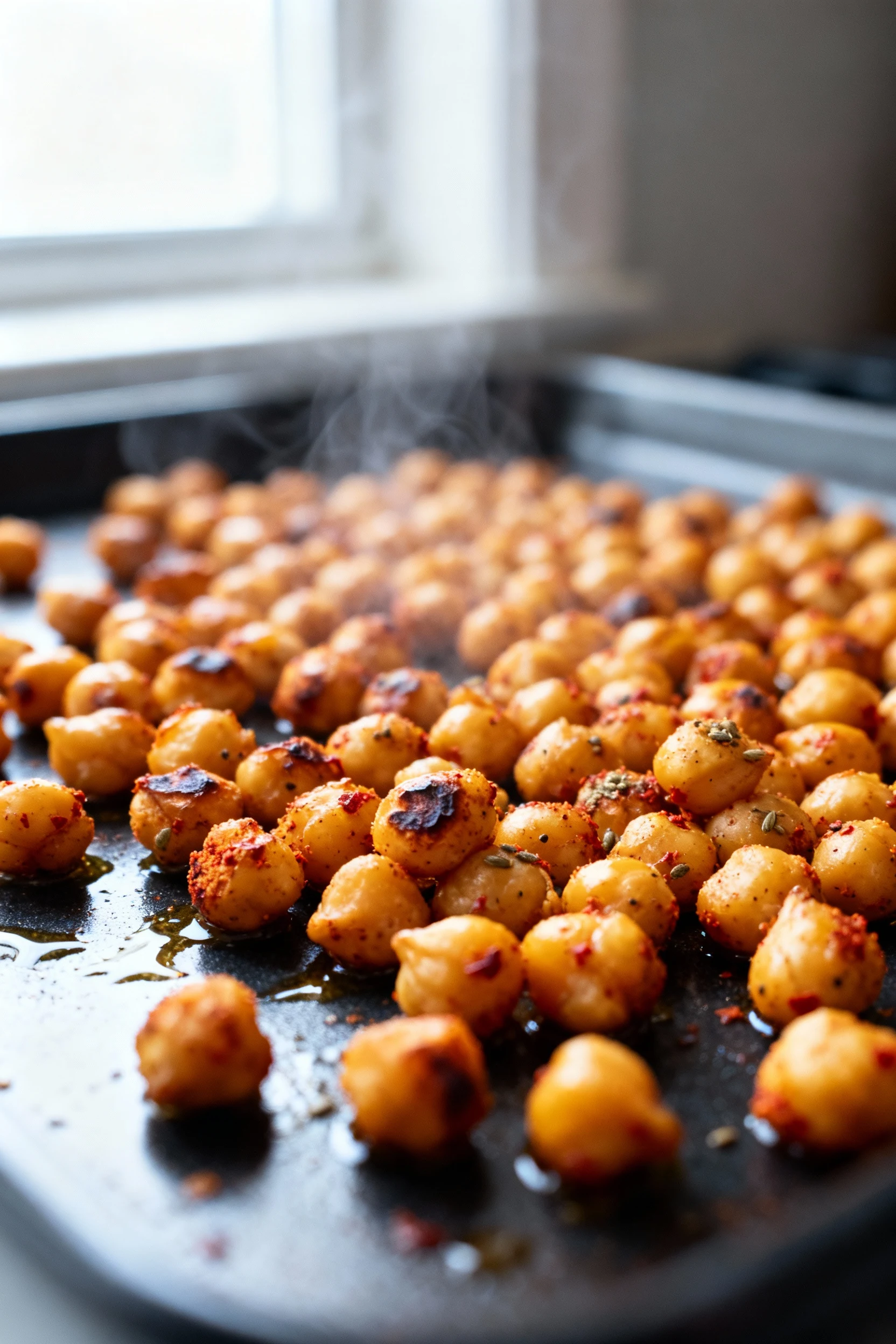 Cooking process close-up of spice-oil coated chickpeas roasting at 400°F: deep golden, blistered skins, chili–paprika–cu