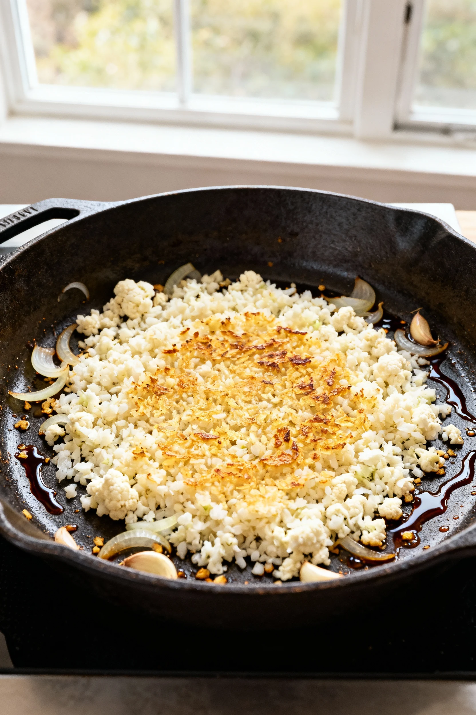 1. Cauliflower rice searing undisturbed in a wide cast-iron skillet over medium-high heat; translucent onions and fragra