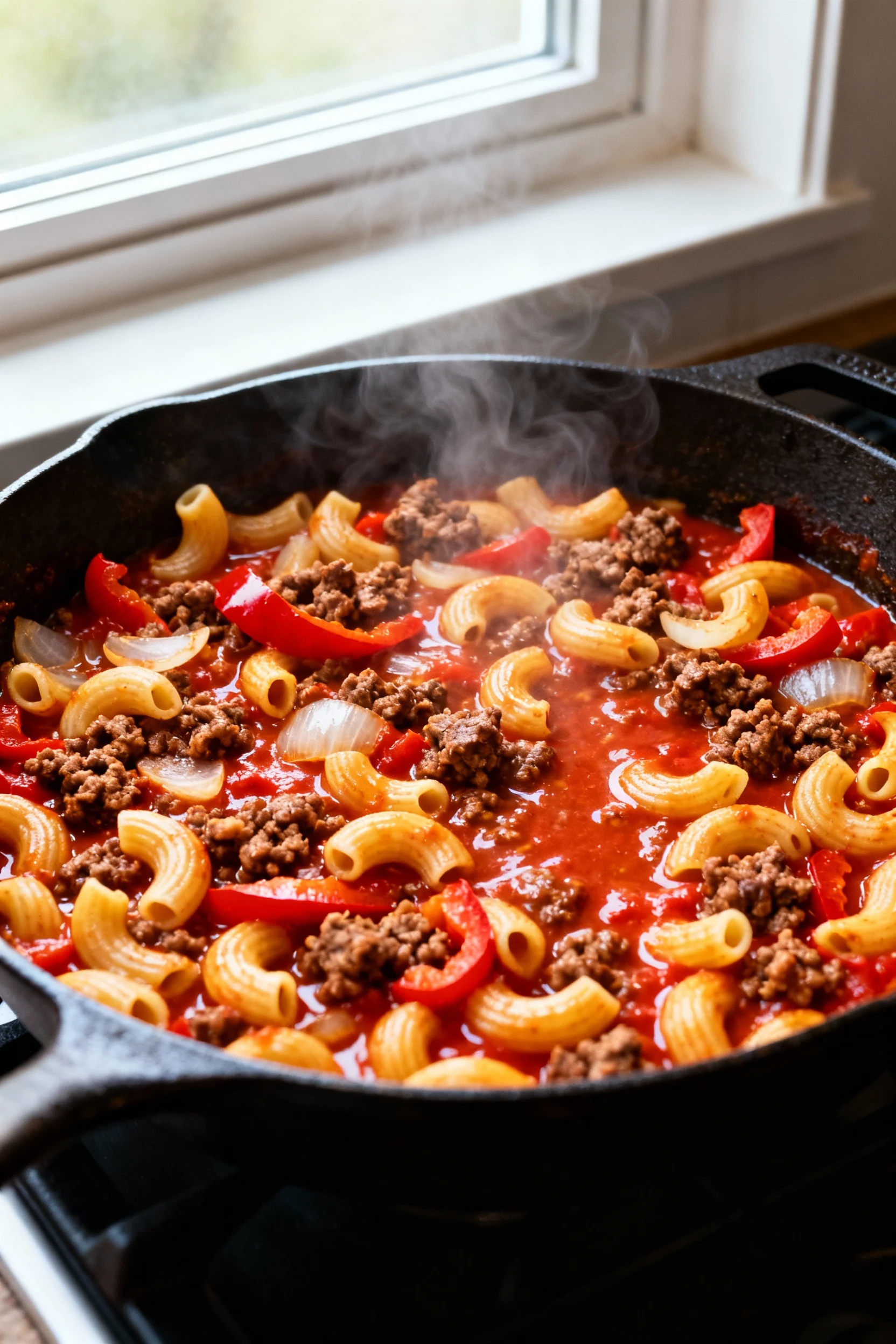Cooking process: Overhead shot of the one-pan beef-and-pasta simmering—elbow macaroni in glossy tomato sauce with browne