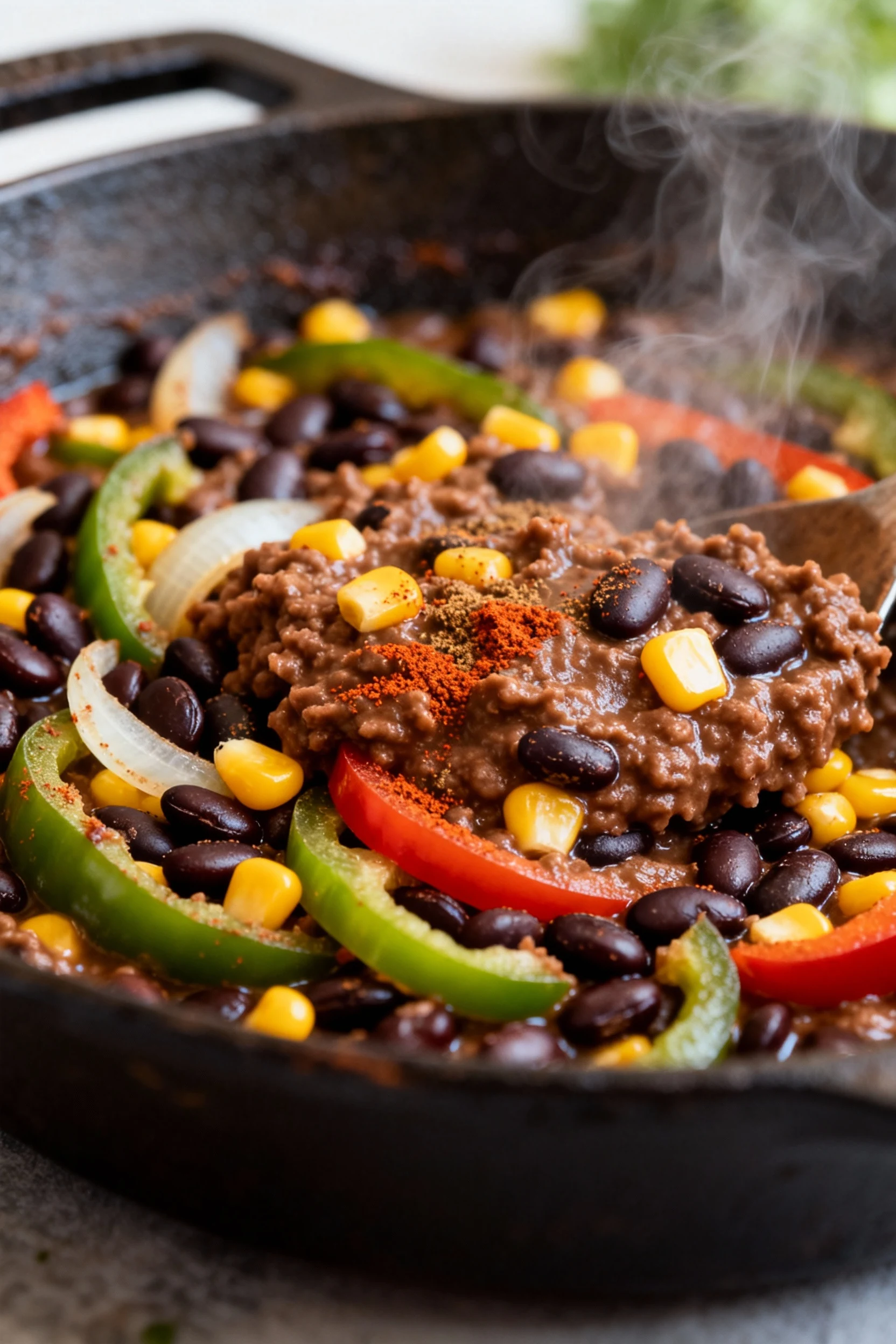 Close-up of smoky black bean skillet mid-simmer, sauce thickened from mashed beans clinging to tender peppers and onions