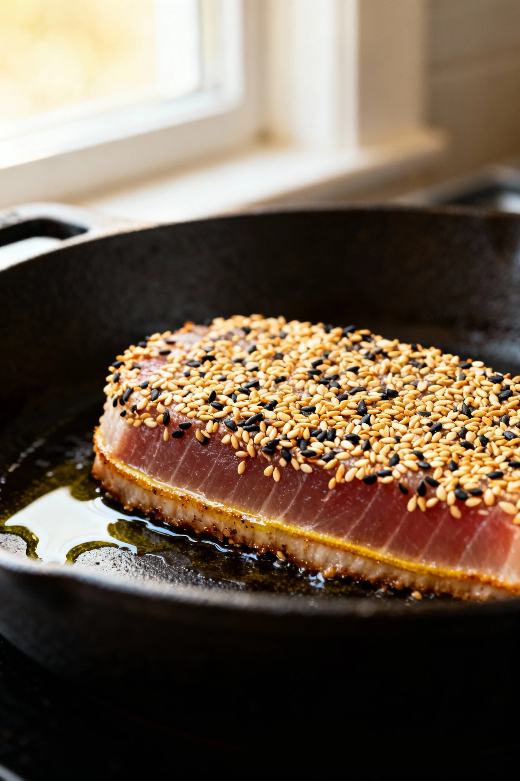 Close-up of sesame-crusted tuna steak searing in a ripping-hot cast iron pan, seeds toasted golden and black, hard crust