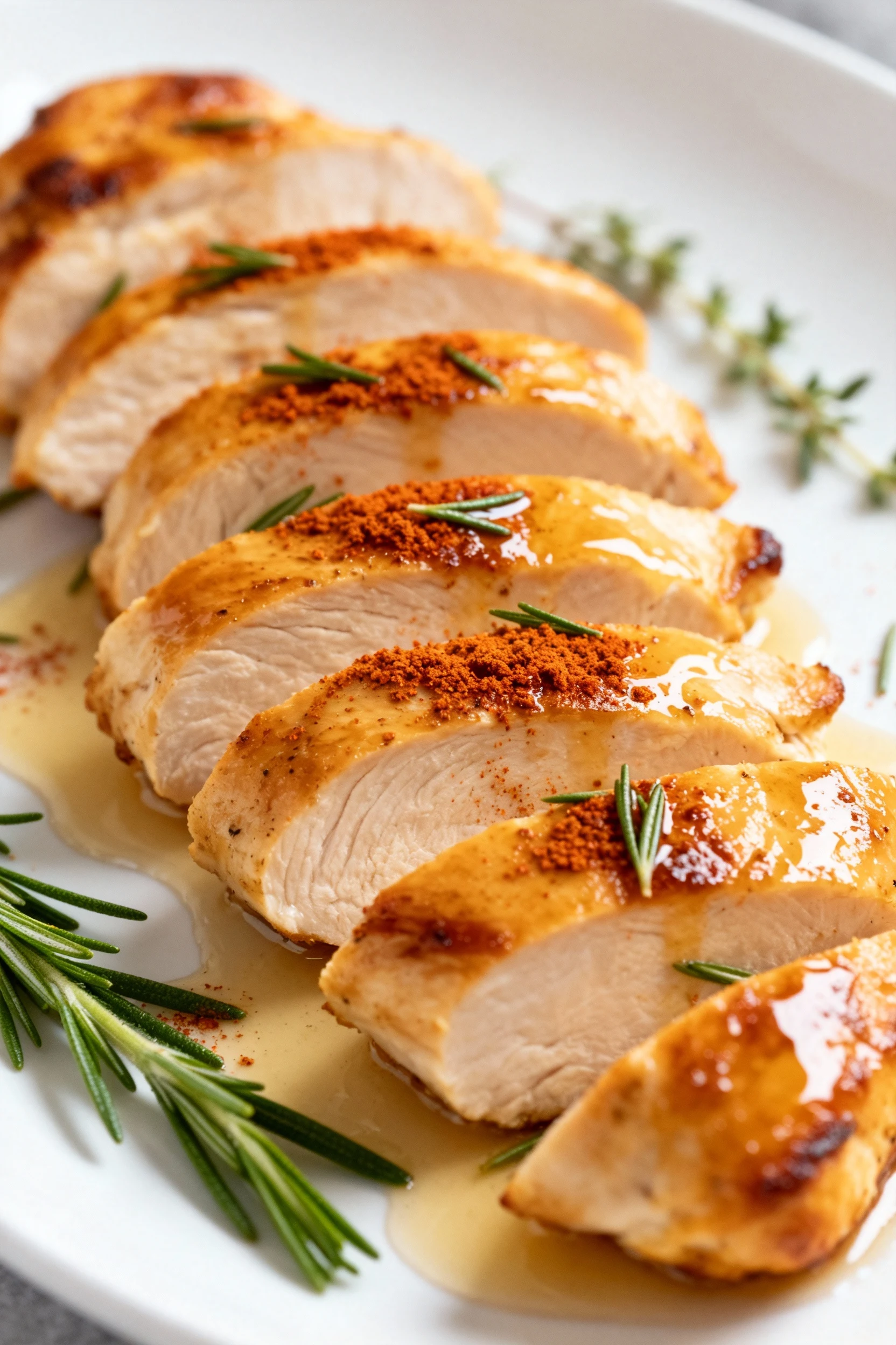 Close-up of golden-seared chicken breast sliced into medallions, juices glistening over the surface, sprinkled with smok