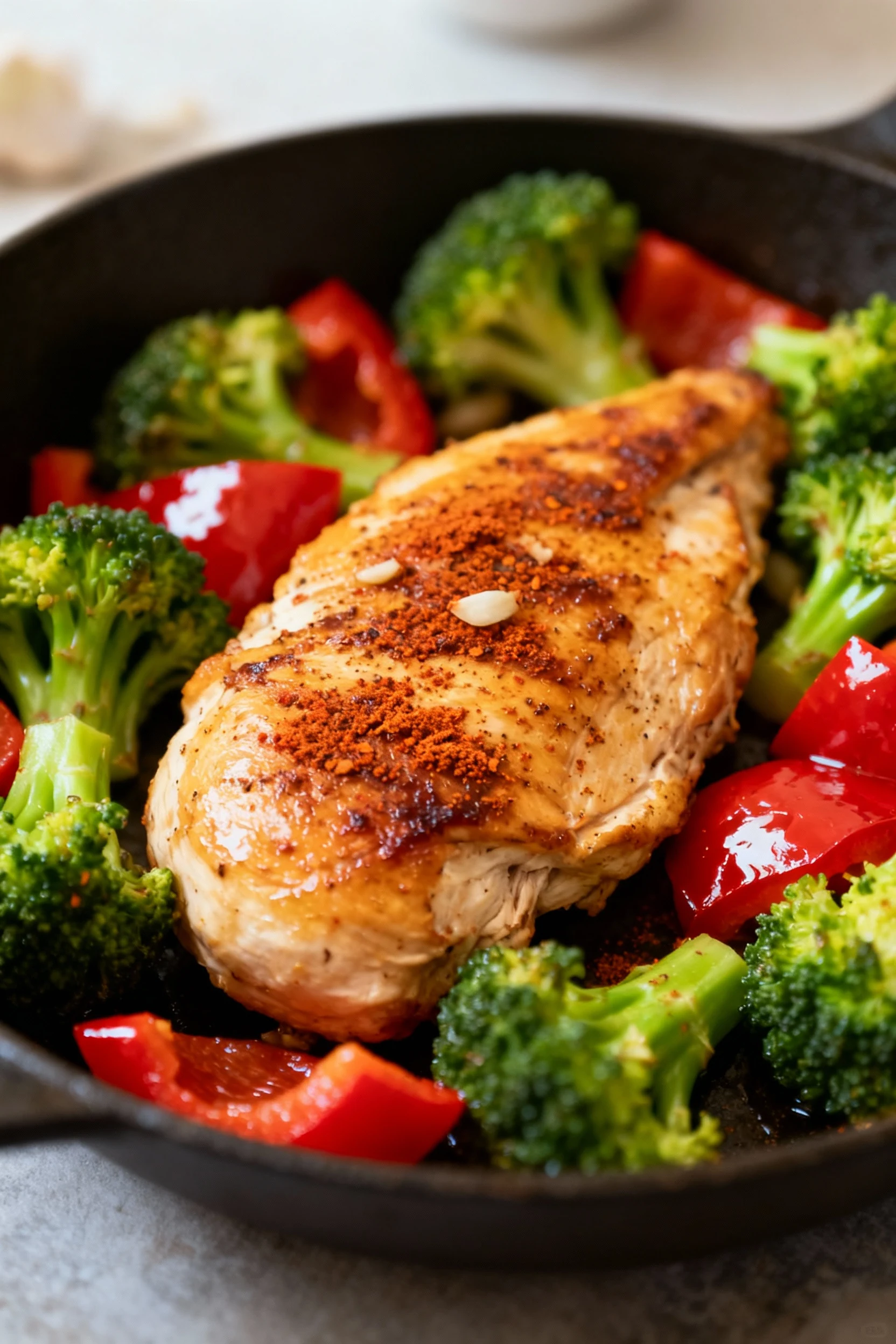 Close-up of golden-seared chicken breast in a skillet, seasoned with smoked paprika and garlic powder, surrounded by vib