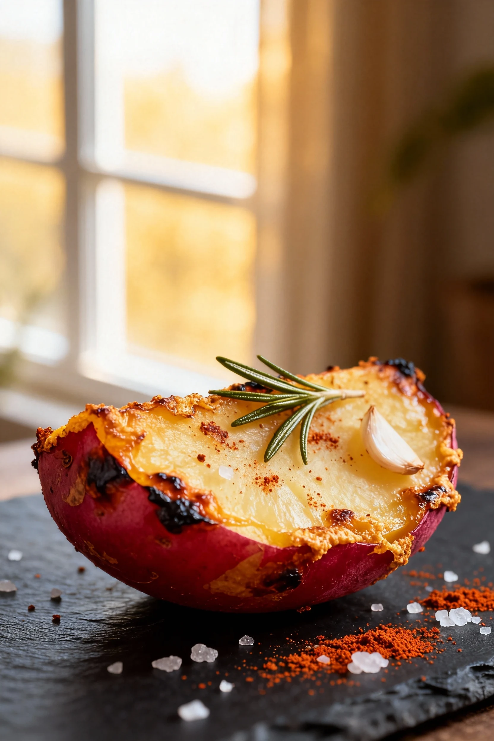 Close-up of roasted red potato quarter with blistered ruby skin and golden, crisp edges, garlic-rosemary crust and smoke
