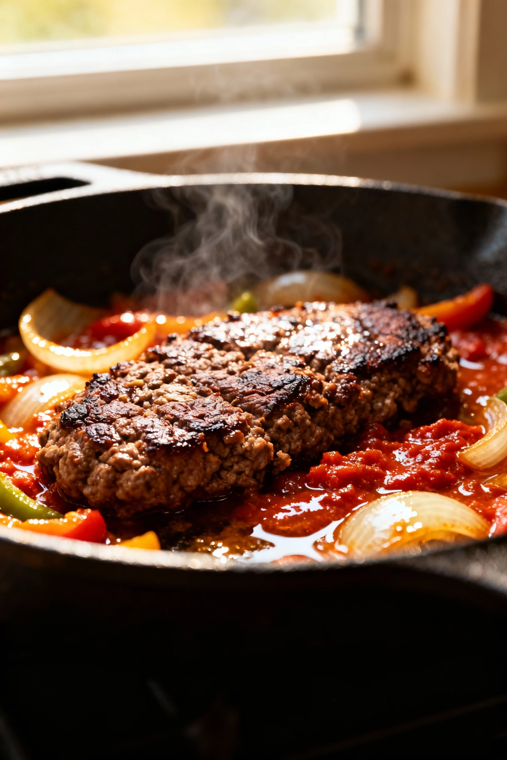 Close-up of seared ground beef in a cast-iron skillet with deep mahogany crust and fond, tomato paste caramelizing, soft