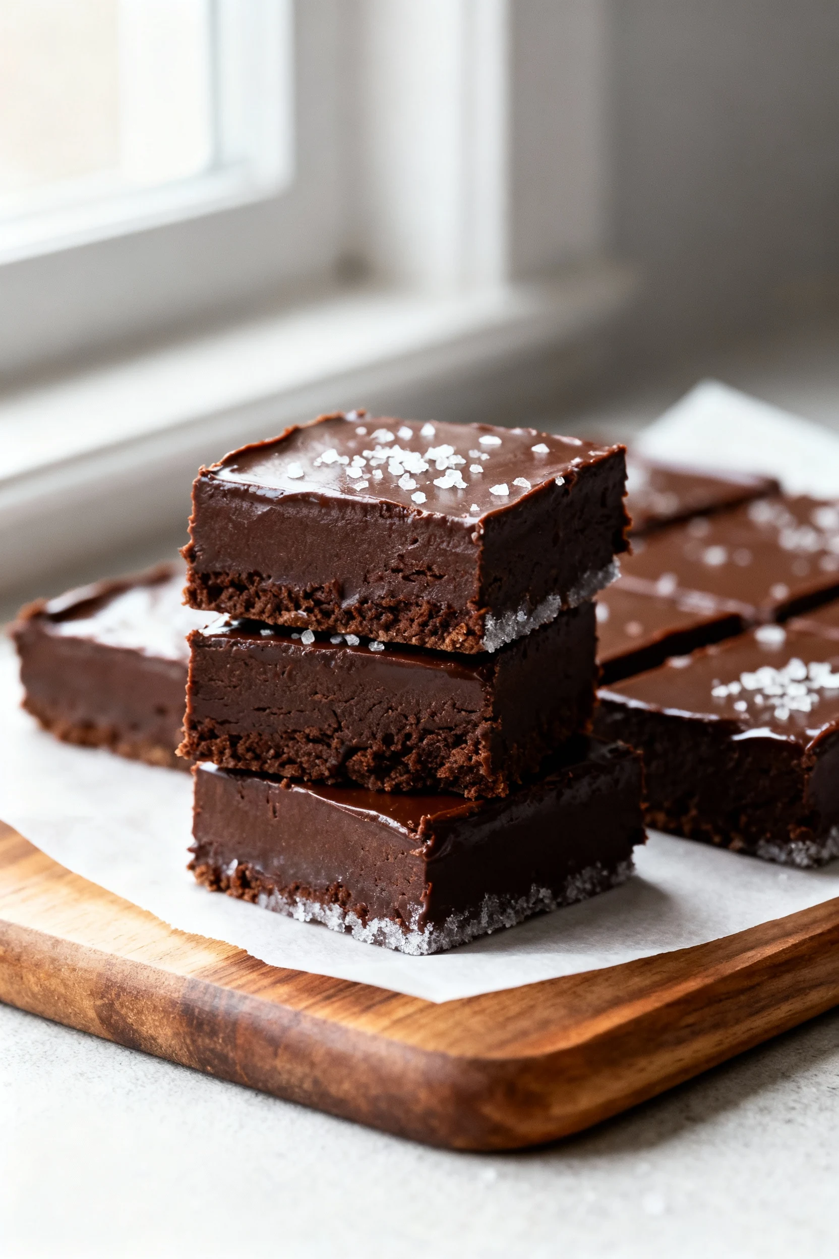 Close-up of sliced 3-Ingredient Tahini Cocoa Date Fudge squares with a glossy cocoa surface and flaky sea salt, dense fu