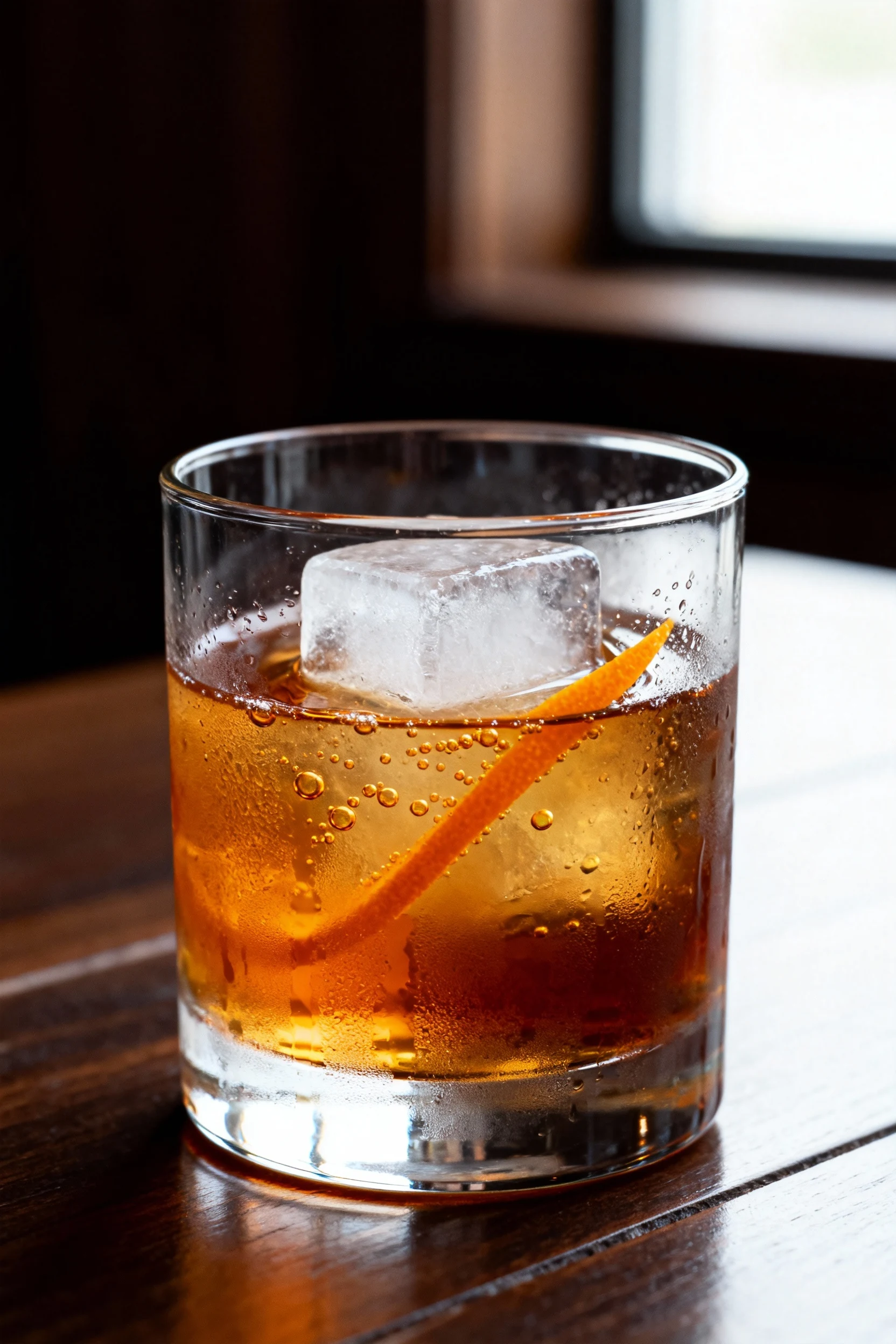 Close-up detail: Chilled Old Fashioned in a heavy rocks glass with a single large clear ice cube, rich amber whiskey, mi