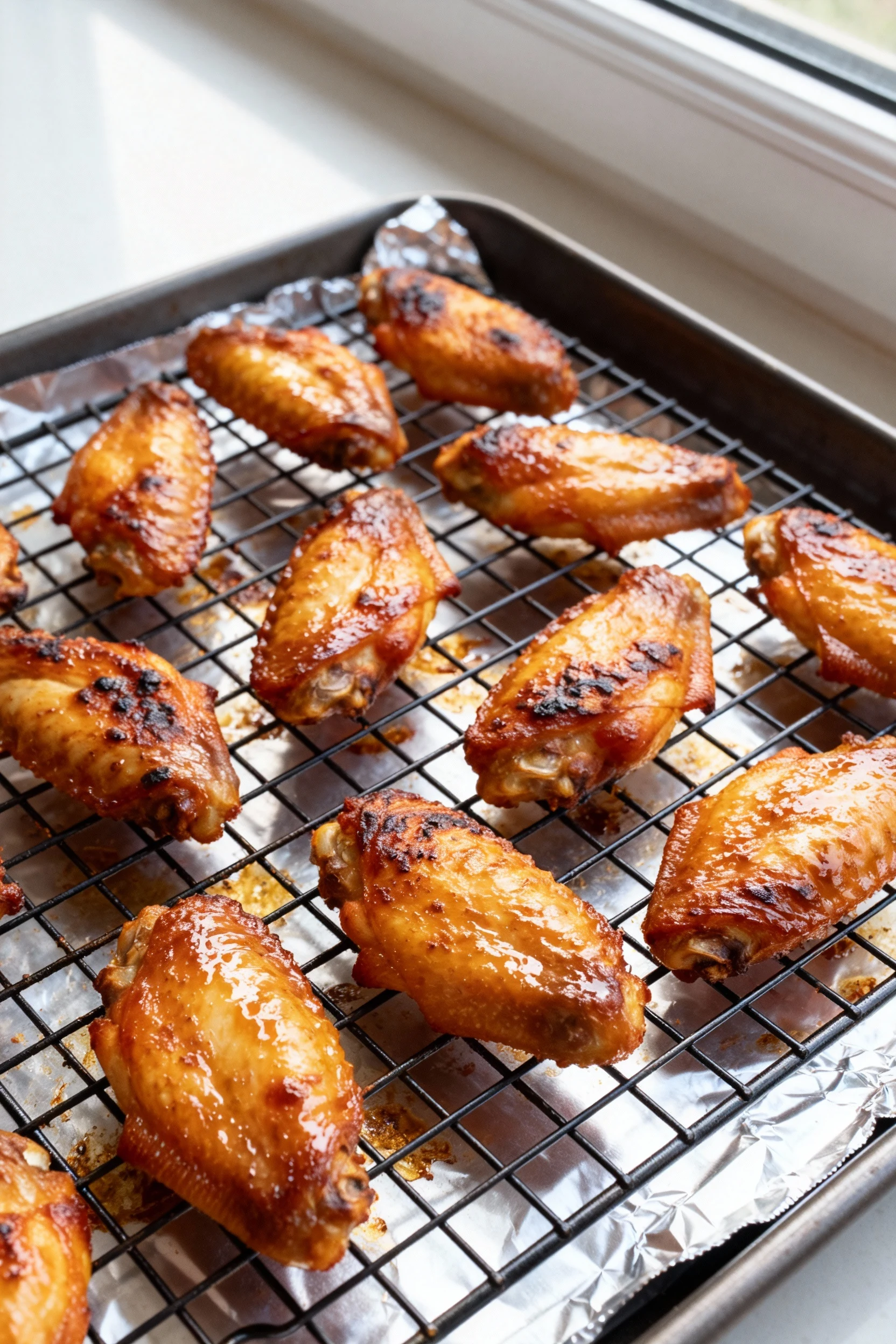1. Overhead shot of oven-roasted chicken wings on a wire rack over a foil-lined sheet pan, deep golden and blistered, sp