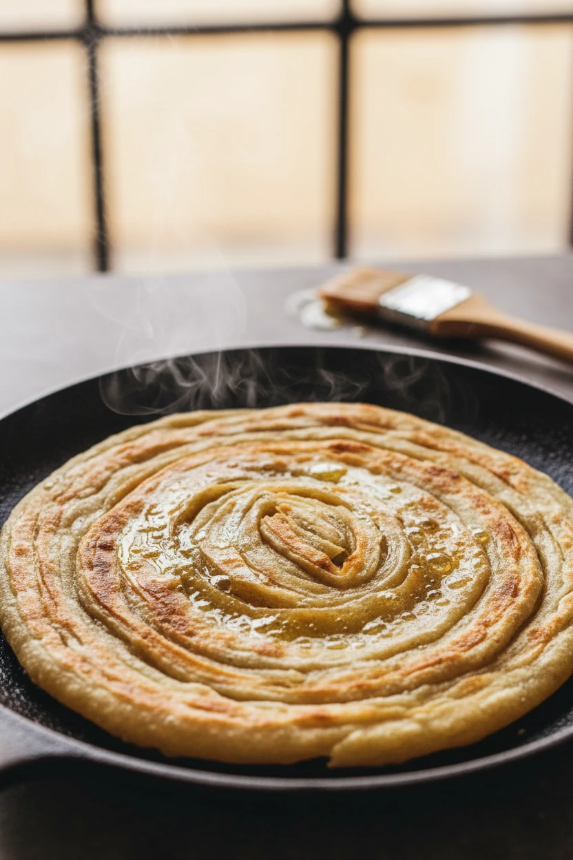 Close-up of flaky lachha paratha sizzling on a hot cast-iron tawa, ghee brushed, golden blisters and crisp layered edges