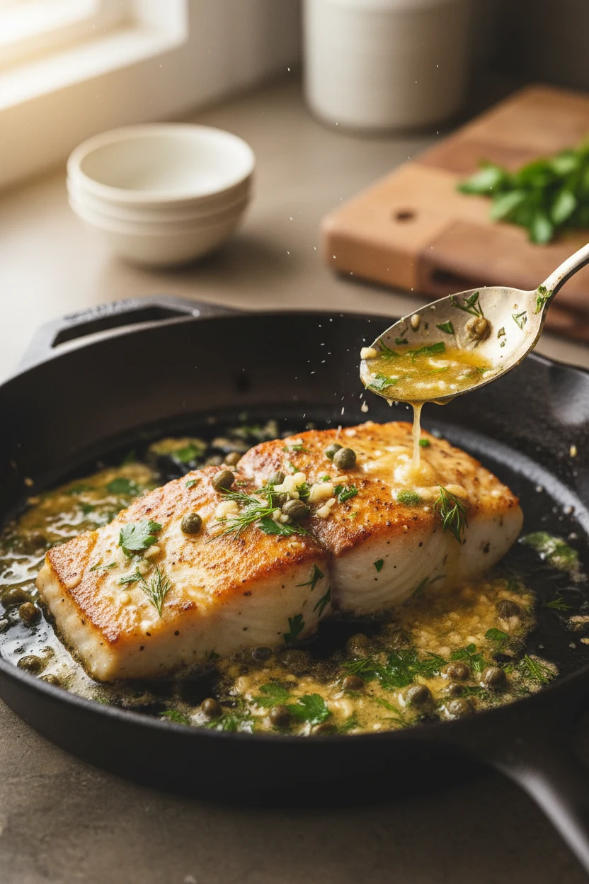1. Close-up of halibut fillet mid-sear in a cast-iron skillet: deep golden crust forming, foamy lemon–garlic butter with