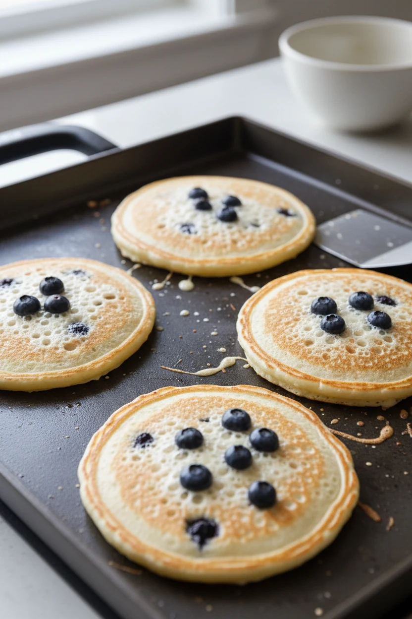 Close-up of buttermilk pancakes mid-cook on a preheated nonstick griddle: edges set, bubbles across the surface, lacy go