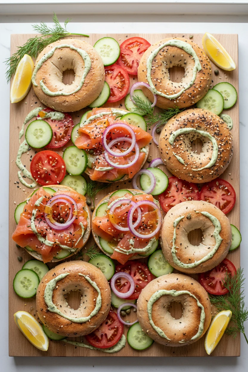 Overhead shot of a no-cook bagel board layered with smoked salmon, cucumber, tomato, quick red onion, capers, everything