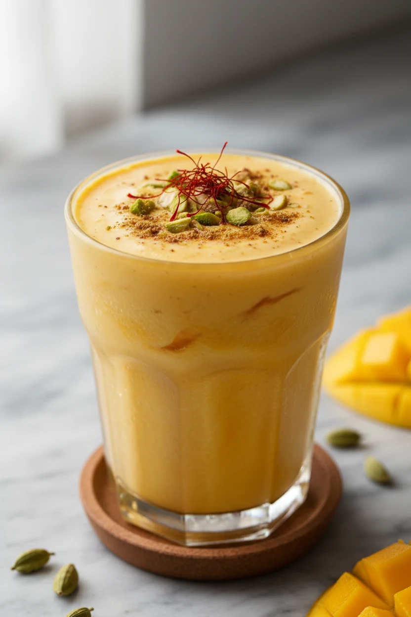 Close-up of creamy mango lassi in a frosted glass, silky texture with micro-condensation, topped with saffron strands, c
