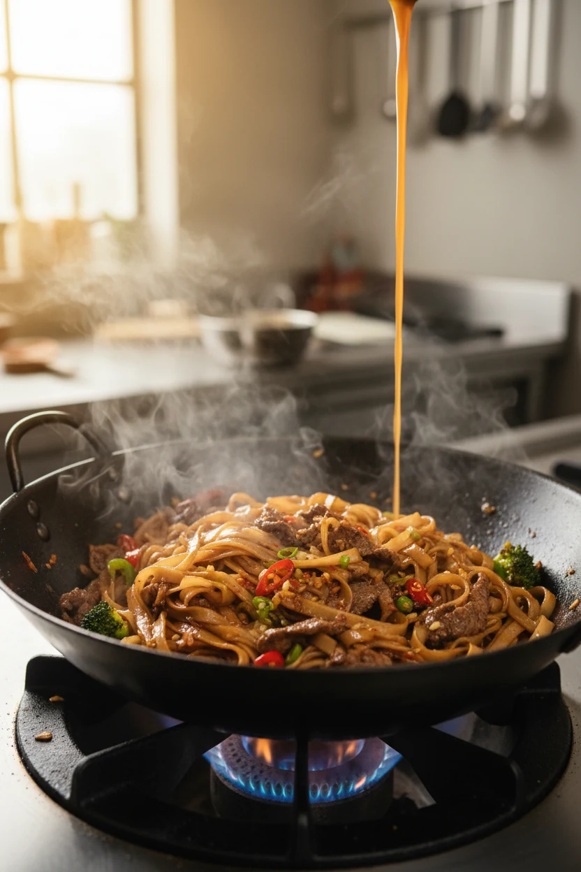 1. Cooking process: rice noodles and thin-sliced beef stir-fried in a smoking-hot carbon steel wok, sauce poured around 
