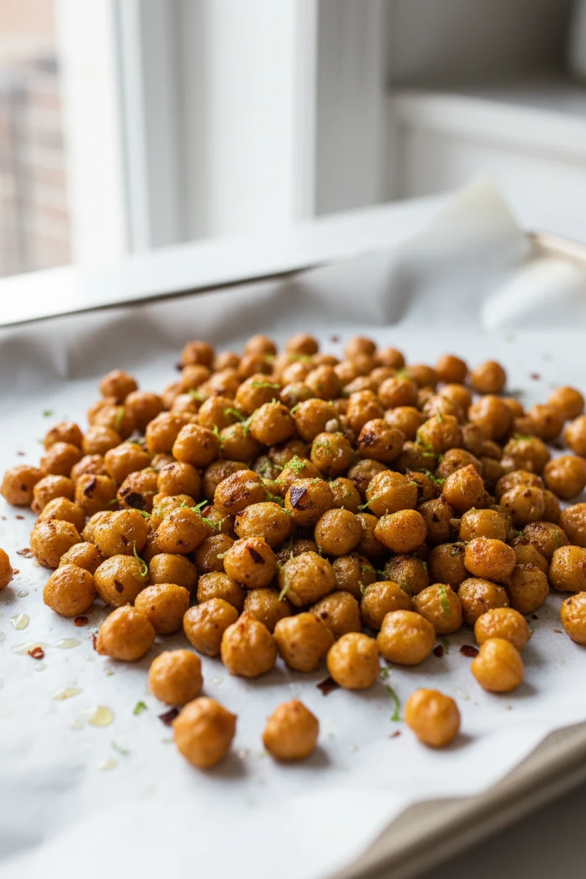 1. Close-up of crispy chili-lime roasted chickpeas just after tossing with lime zest and juice on a parchment-lined shee