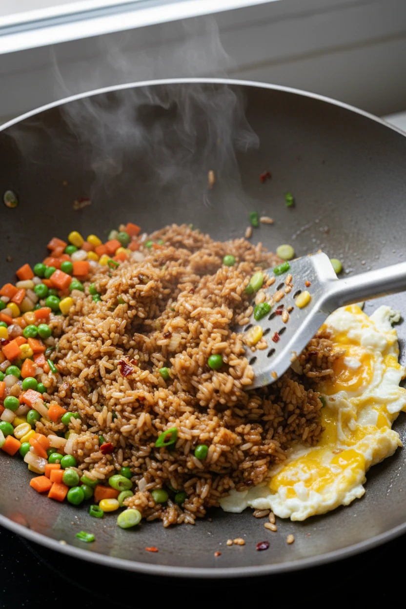 1. Egg Fried Rice being stir-fried: steamy carbon-steel wok with sautéed mixed veg pushed aside, eggs scrambling on the 