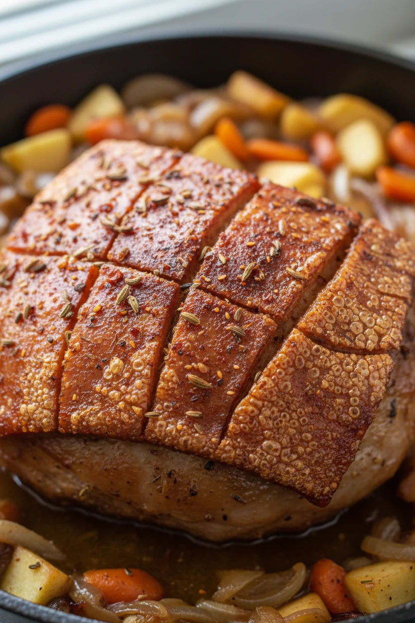 Close-up of skin-on pork shoulder after the 450°F finish: shatteringly crisp crackling on the fat cap with specks of smo