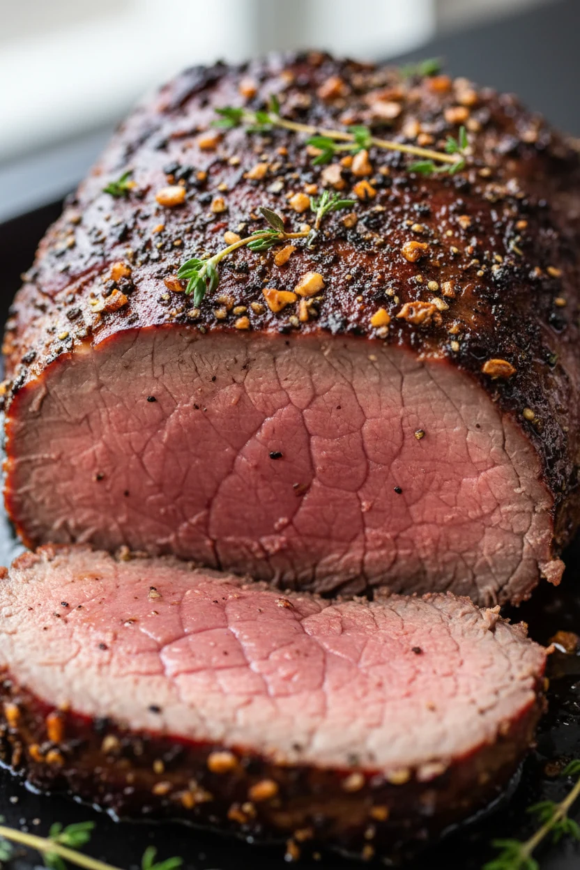 1. Close-up of reverse-seared roast beef showing crackly, mahogany-brown crust with pepper, garlic, and thyme flecks, be