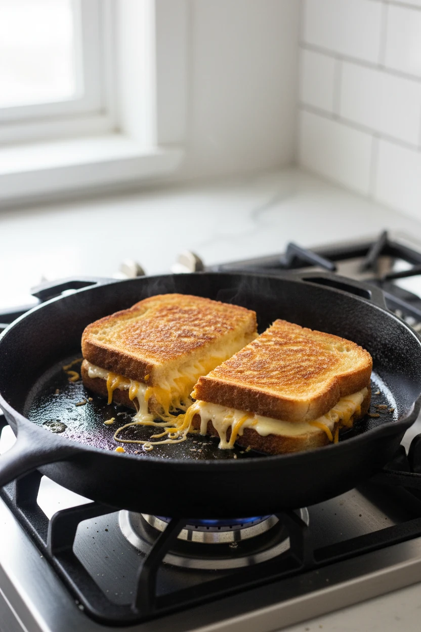 Cooking process: two grilled cheese sandwiches sizzling in a seasoned cast-iron skillet over medium-low, buttered exteri