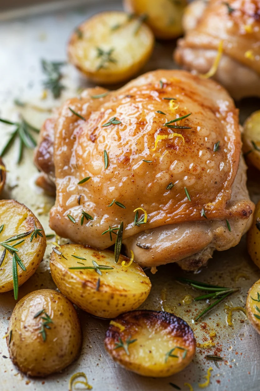 Close-up detail: Macro shot of a roasted bone-in chicken thigh with blistered, crackly skin and glistening pan drippings