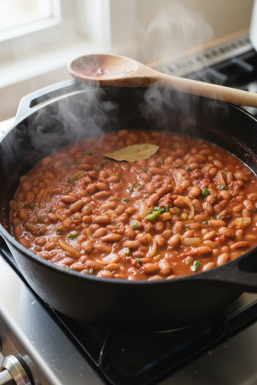 Close-up, Dutch oven pinto beans gently simmering in smoky, brick-red pot liquor with caramelized tomato paste, transluc