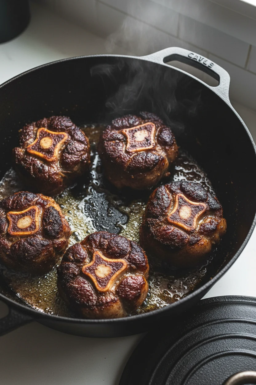 Three-quarter top view of oxtail pieces searing in a heavy black Dutch oven, deeply caramelized mahogany crust with sizz
