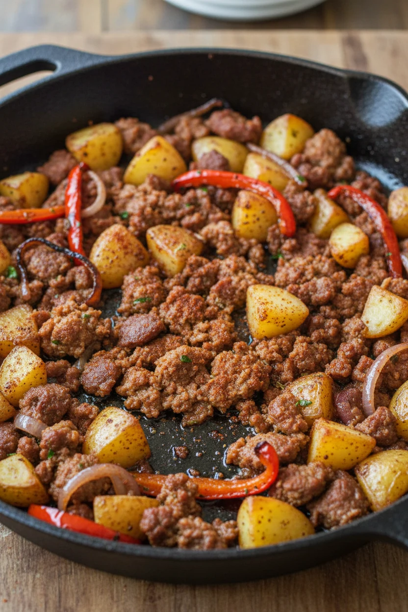 1. Close-up of crisped Mexican chorizo crumbles and golden baby potato cubes in a cast-iron skillet, glistening with ren