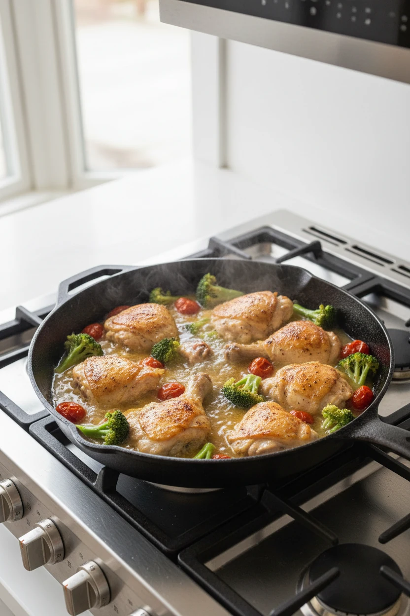 Cooking process, 45-degree angle: one-pan chicken dinner simmering in a large skillet—golden-brown seared chicken pieces