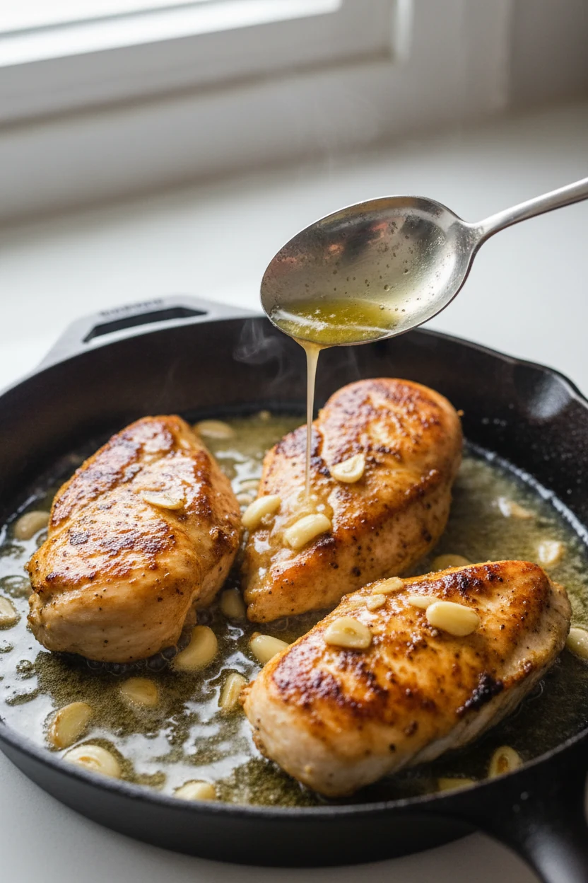 Close-up of butter-basted chicken breasts in a cast-iron skillet, deep golden sear, garlic sizzling in melted butter, sp