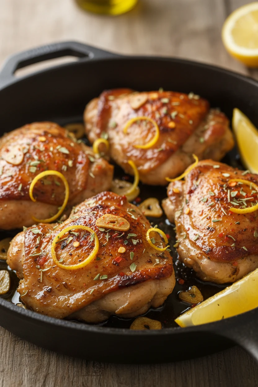 Close-up of seared lemon-herb chicken in the skillet: golden-brown crust, glistening garlic-infused olive oil, flecks of