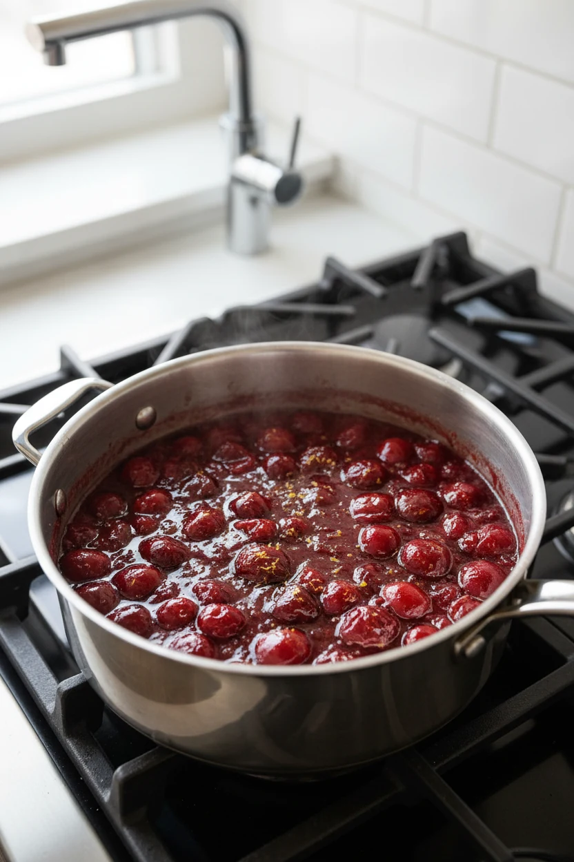 1. Overhead shot of jammy cherry compote simmering in a stainless-steel saucepan, ruby-red syrup with a glossy sheen, in