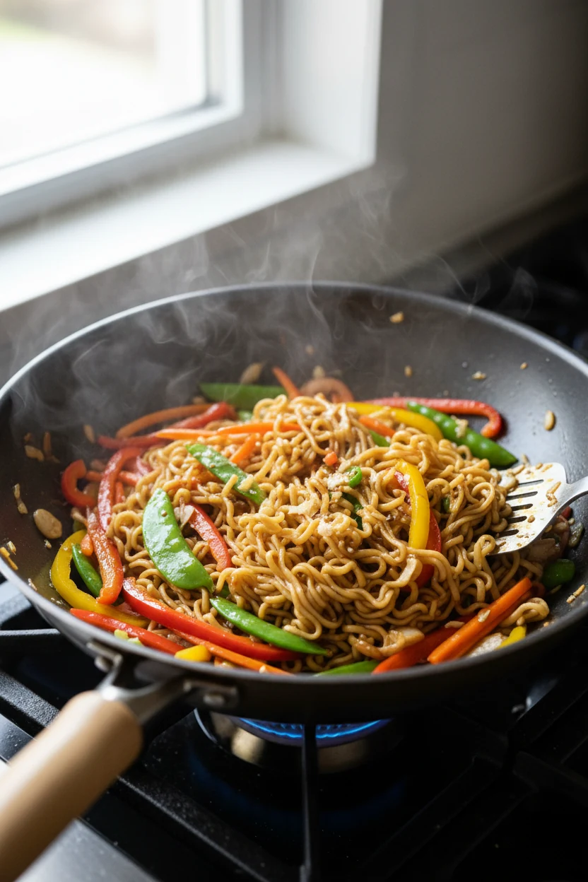 High-heat stir-fry in a wok: just-rinsed noodles tossed with crisp-tender bell pepper, snap peas, and carrots, garlic-gi