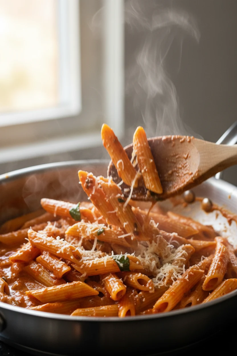 Close-up of penne rigate being vigorously tossed to emulsify in a glossy tomato-cream sauce with melted butter and parme