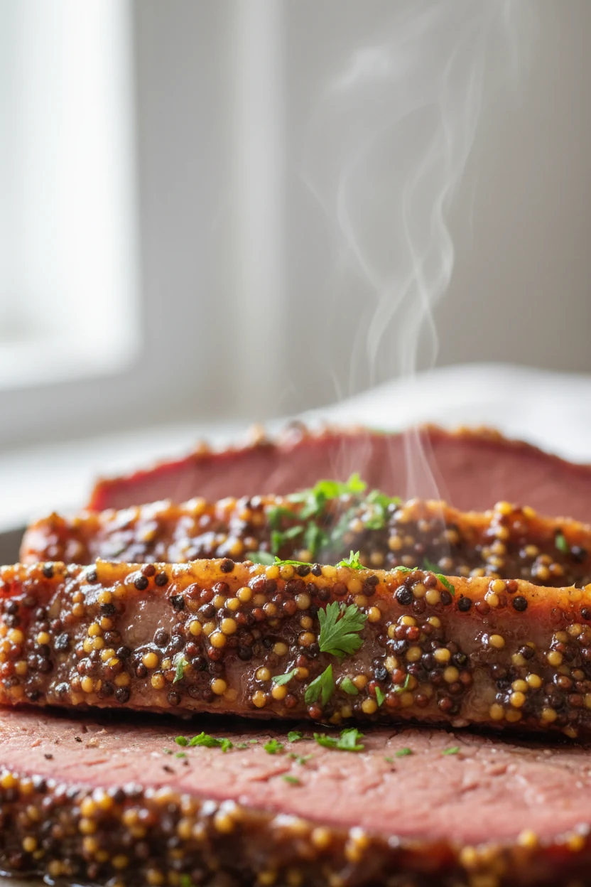1. Close-up of caramelized honey–whole-grain mustard–glazed corned beef brisket slices, spice-crusted with peppercorns a