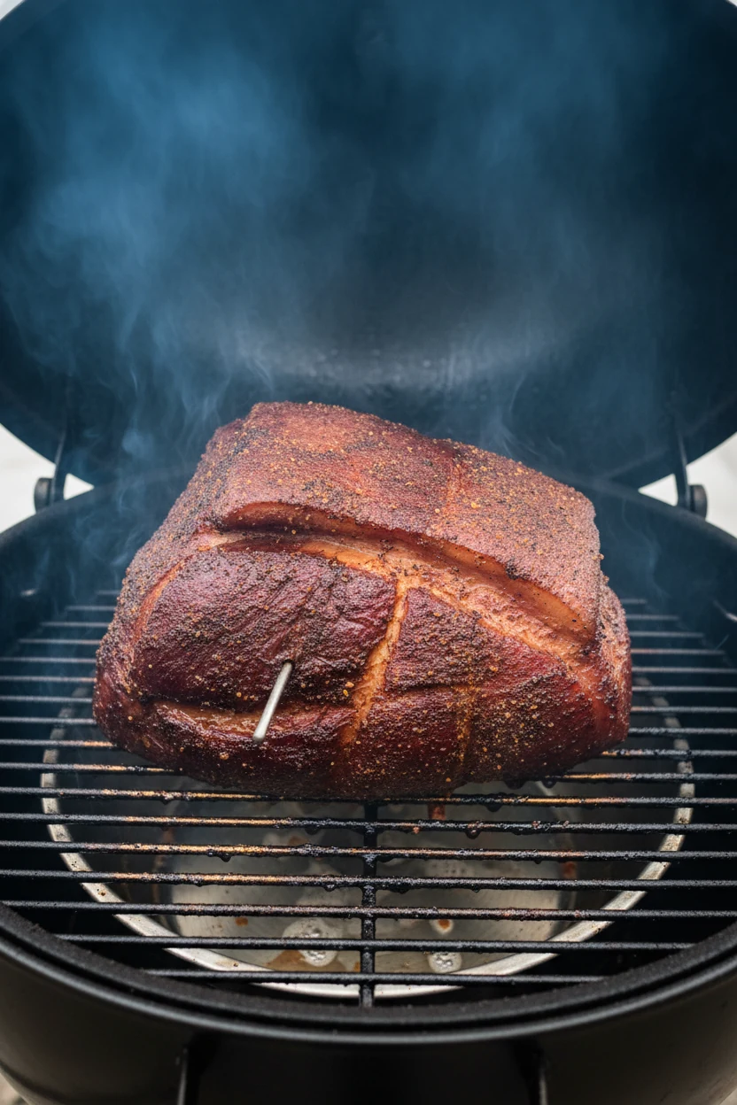 Smoked pork shoulder in the smoker at 225°F, fat cap up with thermometer probe, mahogany bark from brown sugar/paprika r