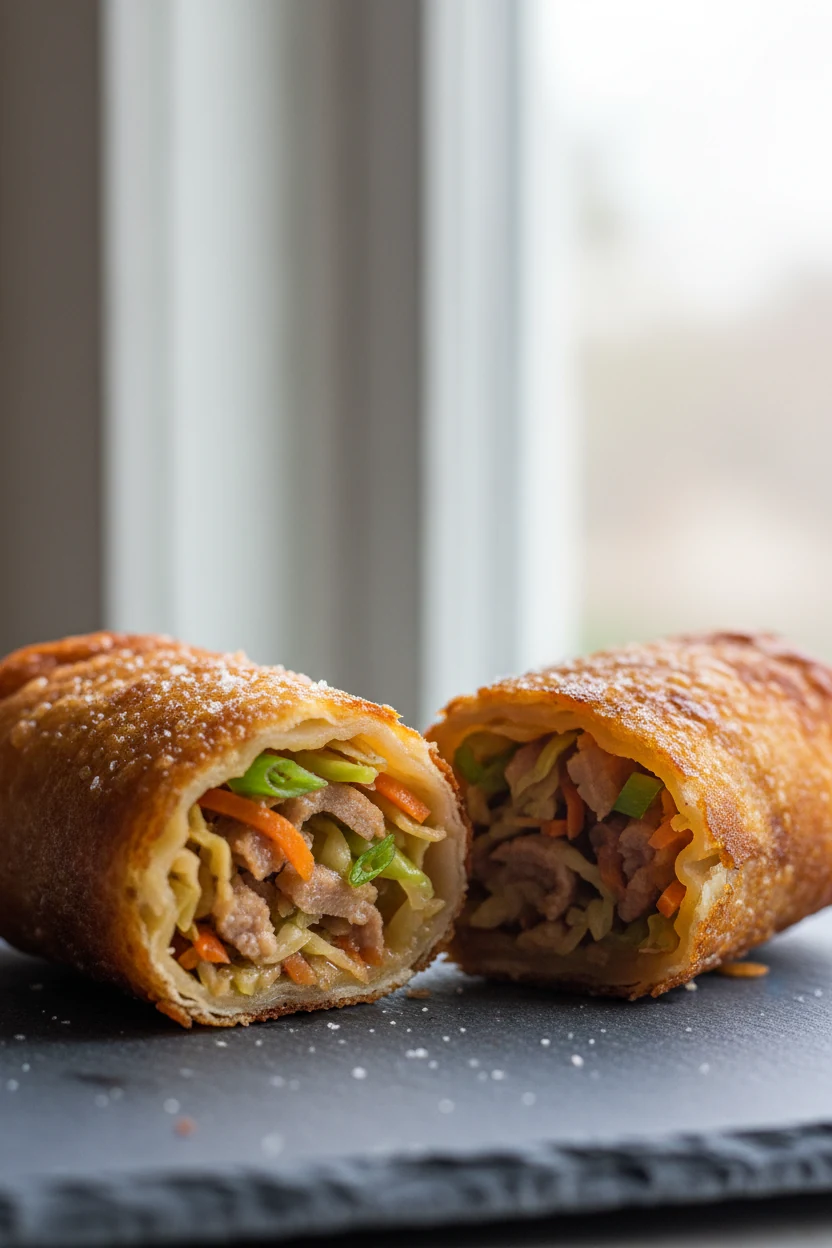 Close-up of a halved egg roll: deep golden, blistered, bubbly wrapper with shatter-crisp edges; juicy pork–cabbage–carro